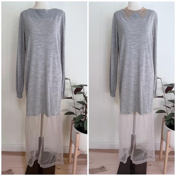 NWT Maison Martin Margiela Wool Blend  Tulle Trim Maxi Light Sweater Gray Dress  - Picture 1 of 11
